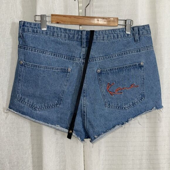 PLT x KARL KANI US12 Medium Vintage Wash Denim Cut Off Raw Fringe Hem Shorts - Picture 2 of 9
